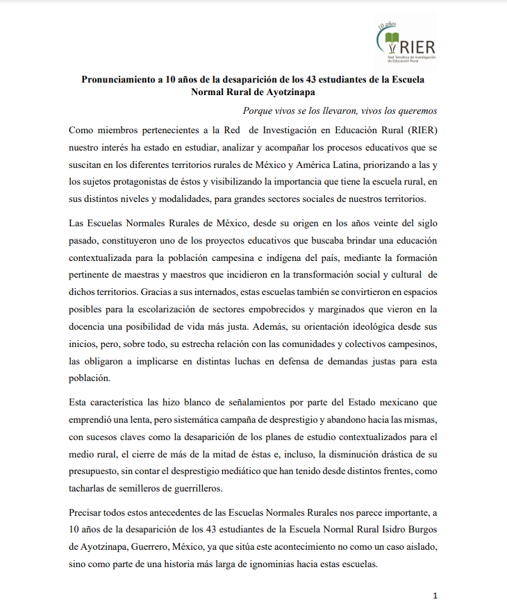 Pronunciamiento a 10 años de la desaparición de los 43 estudiantes de la Escuela Normal Rural de Ayotzinapa